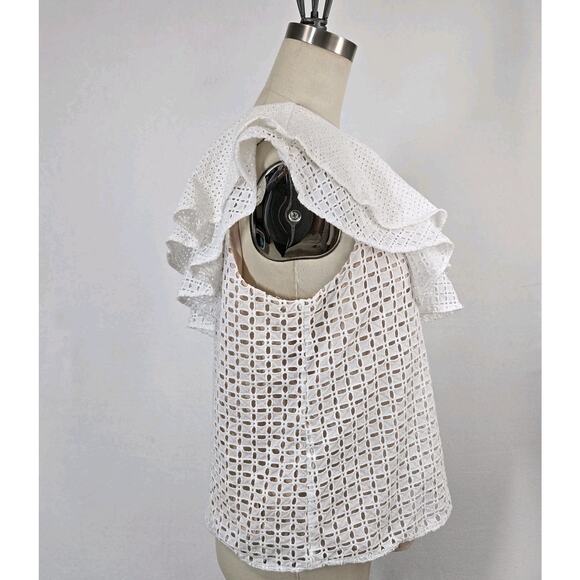 J Crew One Shoulder Ruffle Eyelet Top sz 6 White Cotton Nude Lining Boho Fairy - Picture 6 of 13